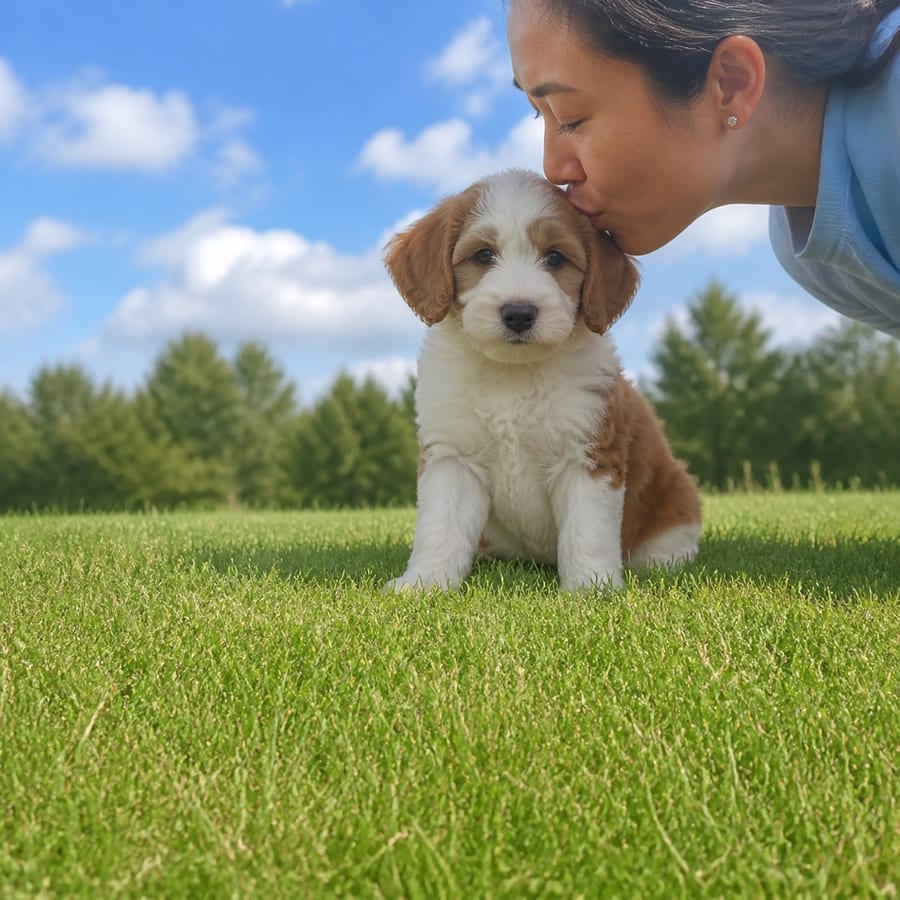 Mini St. Berdoodle puppy standing on grass, a person kissing the top of its head, at Blue Sky Puppies