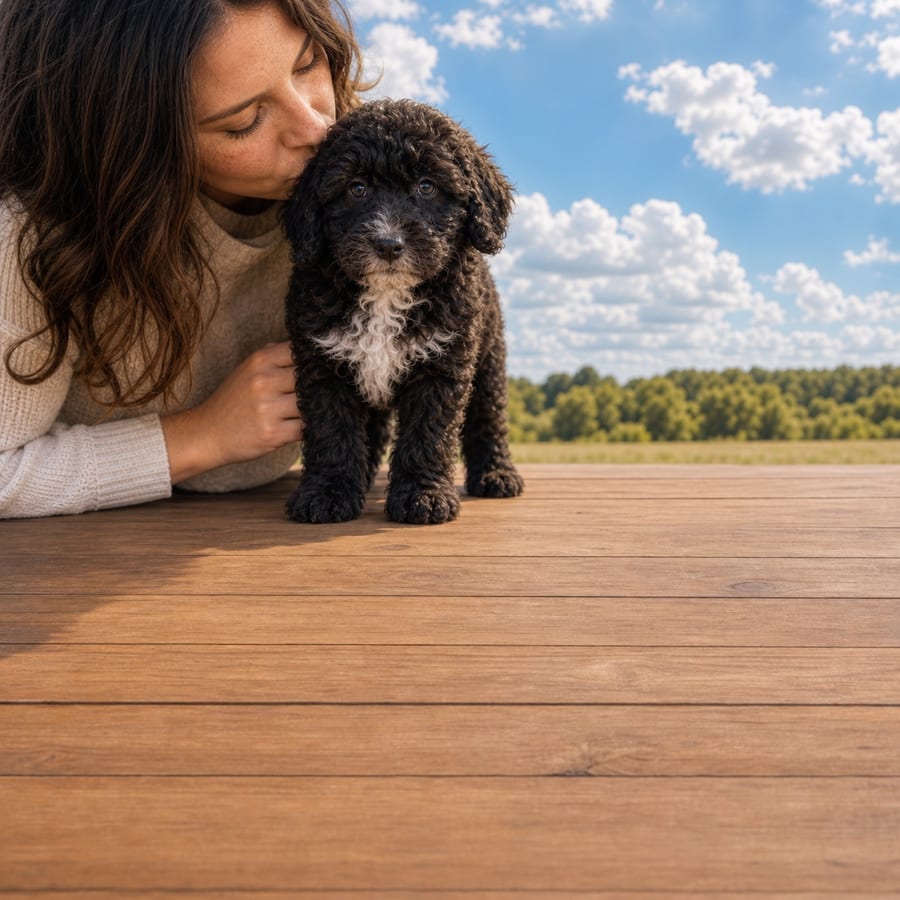 Near-black curly Mini Whoodle puppy with a white chest on a wooden deck, a person kissing its head, at Blue Sky Puppies