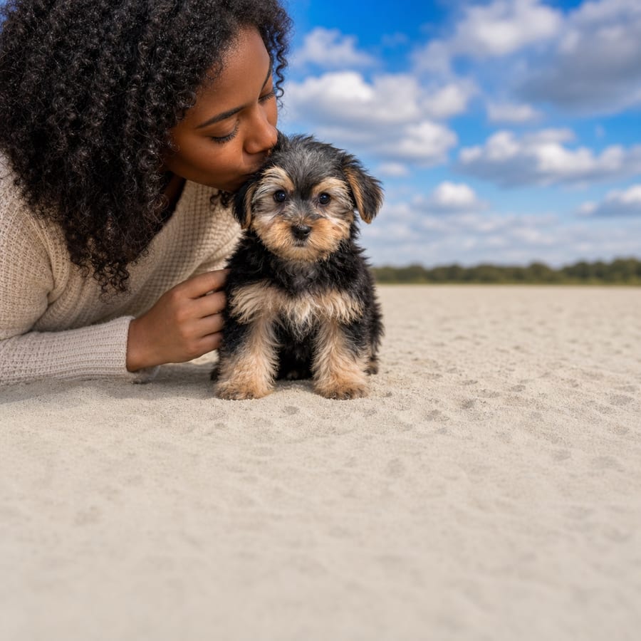 Black and tan Morkie puppy with a scruffy coat sitting on pale sand, a person kissing its head, at Blue Sky Puppies