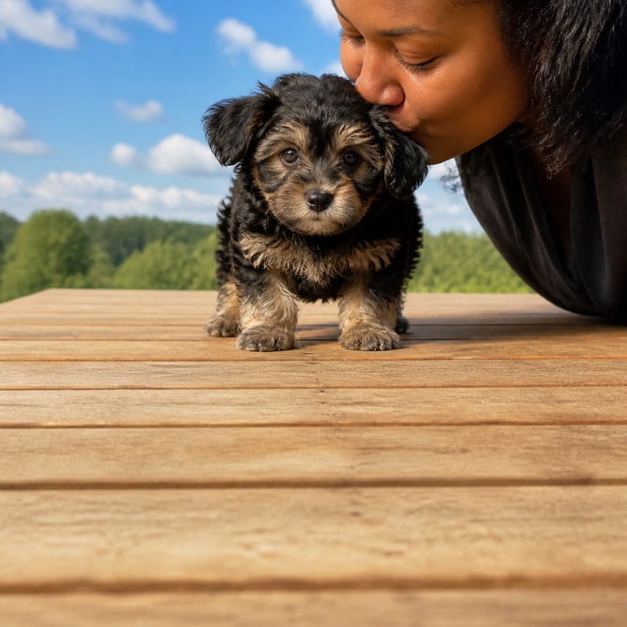 Morkiepoo puppy standing on grass, a person kissing the top of its head, at Blue Sky Puppies