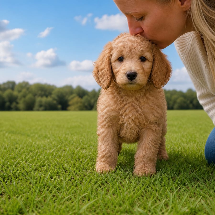 Moyen Poodle puppy standing on grass, a person kissing the top of its head, at Blue Sky Puppies