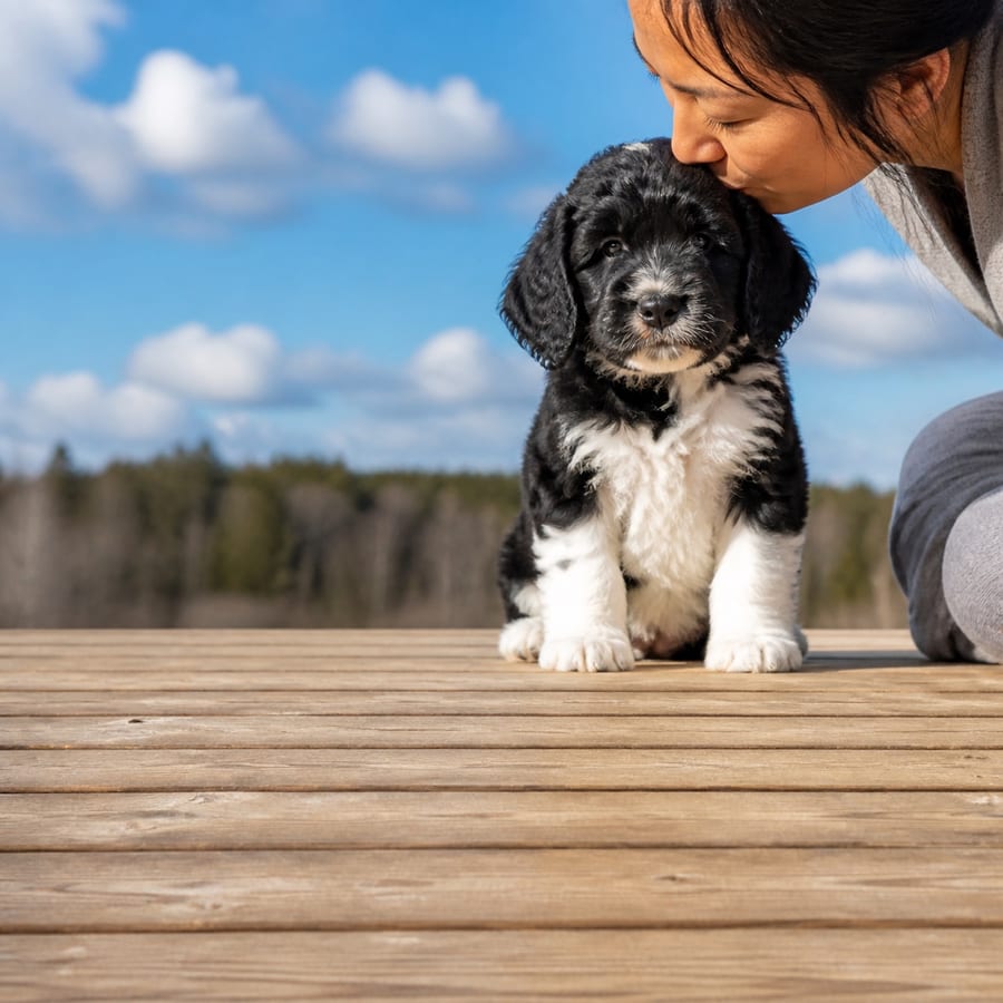 Newfypoo puppy standing on grass, a person kissing the top of its head, at Blue Sky Puppies