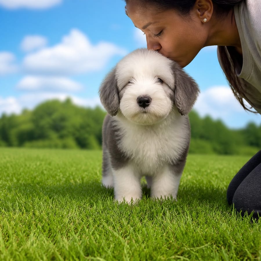Old English Sheepdog puppy standing on grass, a person kissing the top of its head, at Blue Sky Puppies