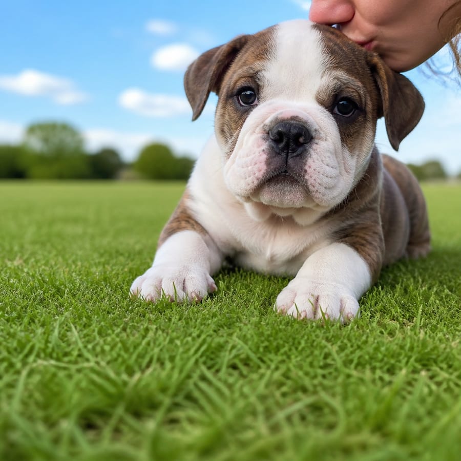 Olde English Bulldogge puppy standing on grass, a person kissing the top of its head, at Blue Sky Puppies