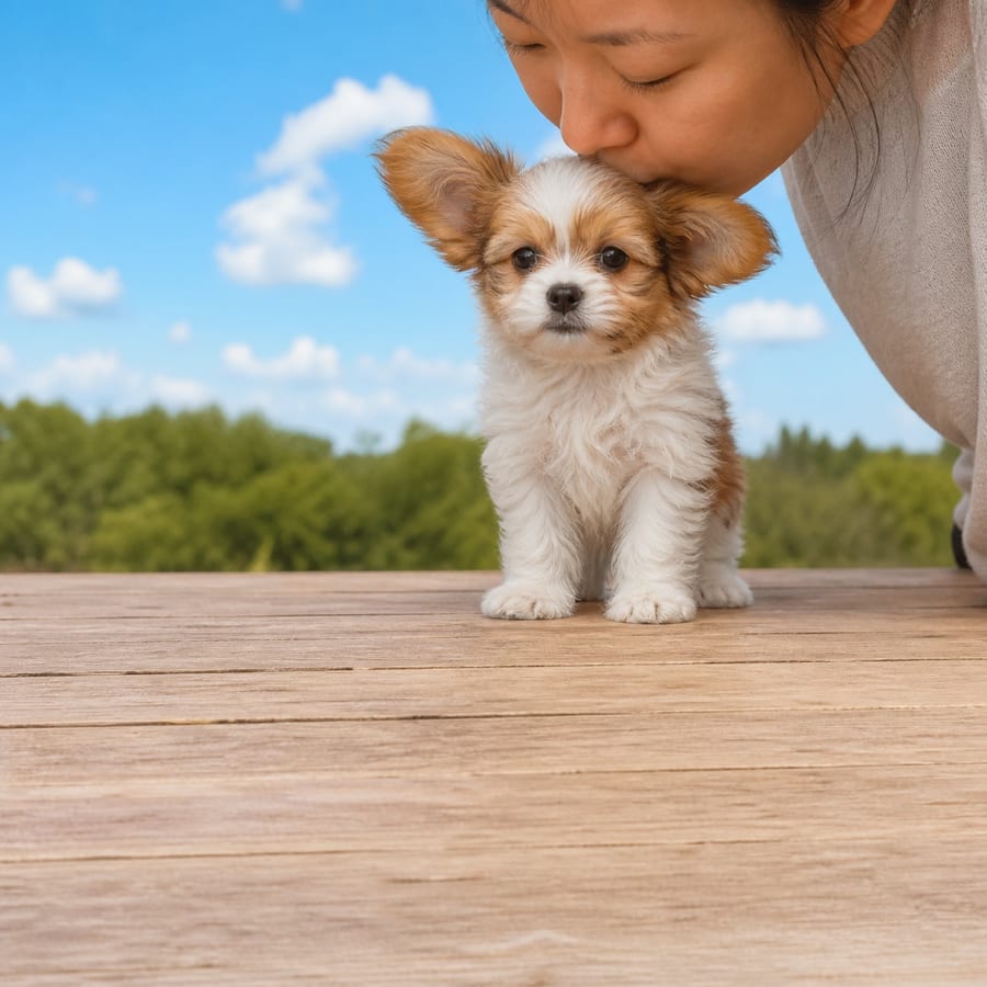 Papatzu puppy standing on grass, a person kissing the top of its head, at Blue Sky Puppies