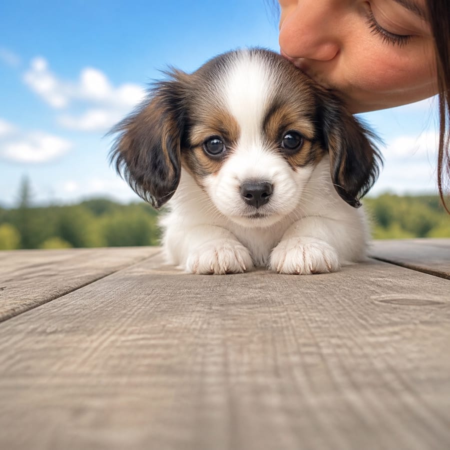 Papillon puppy standing on grass, a person kissing the top of its head, at Blue Sky Puppies