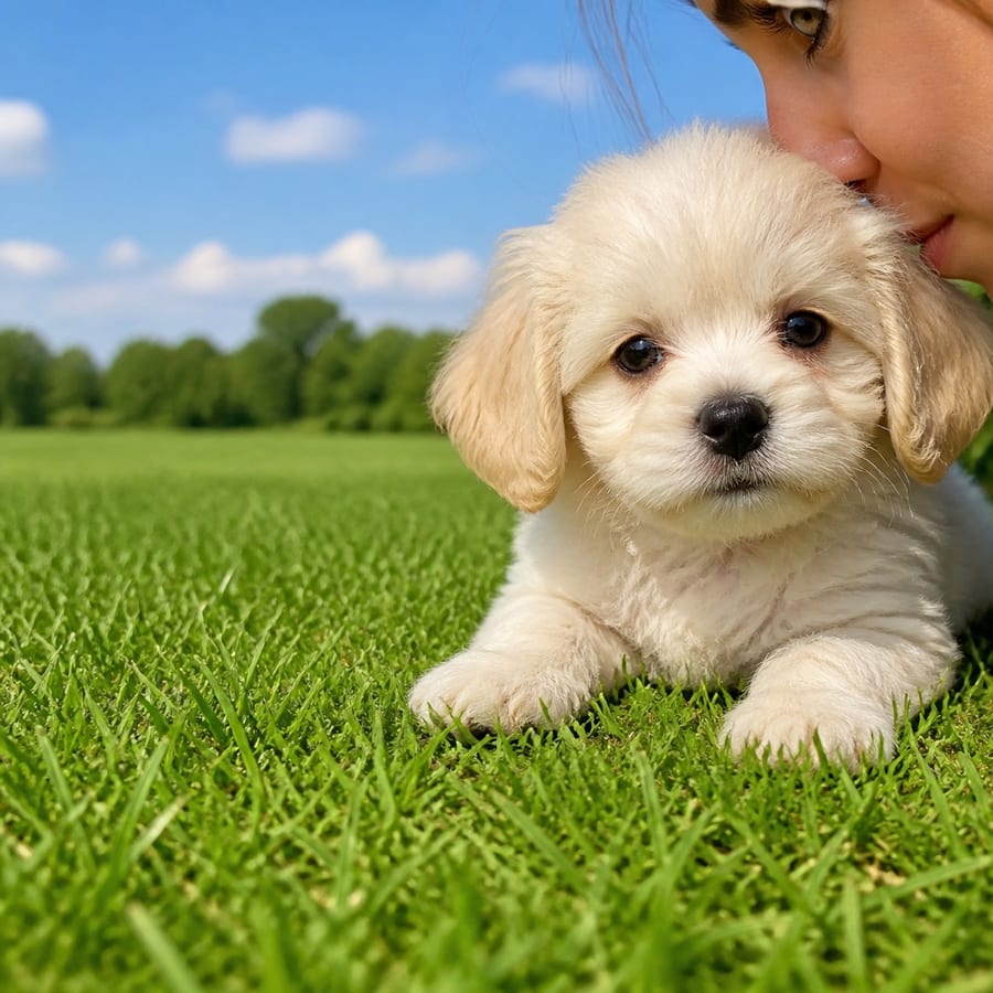 Peekachon puppy standing on grass, a person kissing the top of its head, at Blue Sky Puppies