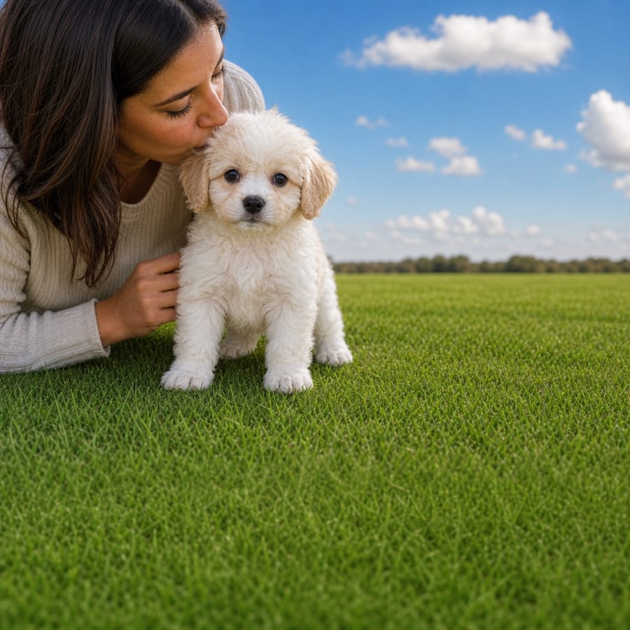 Cream curly-coated Peekapoo puppy standing in bright green grass, a person kissing its head, at Blue Sky Puppies