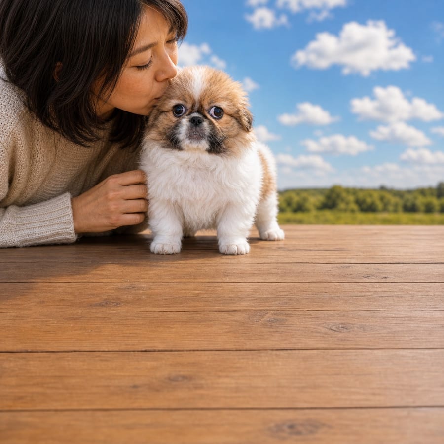 Fluffy cream and tan Pekingese puppy standing on a sunlit wooden deck, a person kissing its head, at Blue Sky Puppies