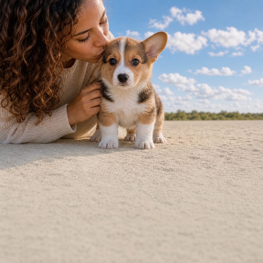 Red and white Pembroke Welsh Corgi puppy standing on pale sand, a person kissing its head, at Blue Sky Puppies