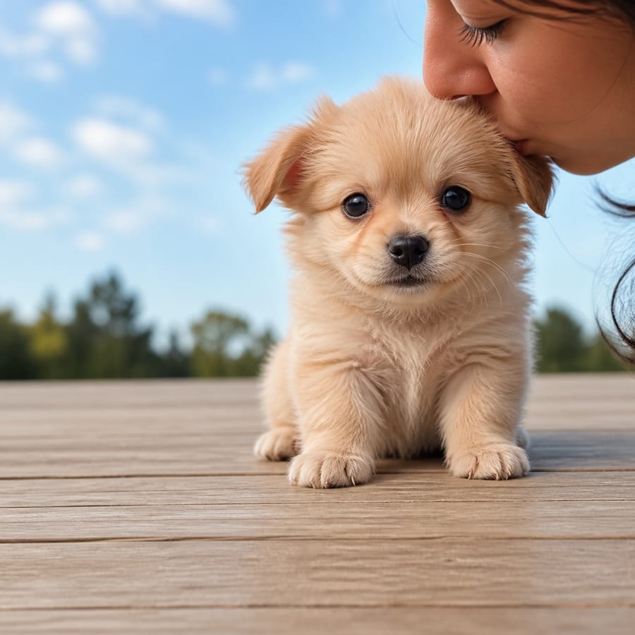 Pomchi puppy standing on grass, a person kissing the top of its head, at Blue Sky Puppies