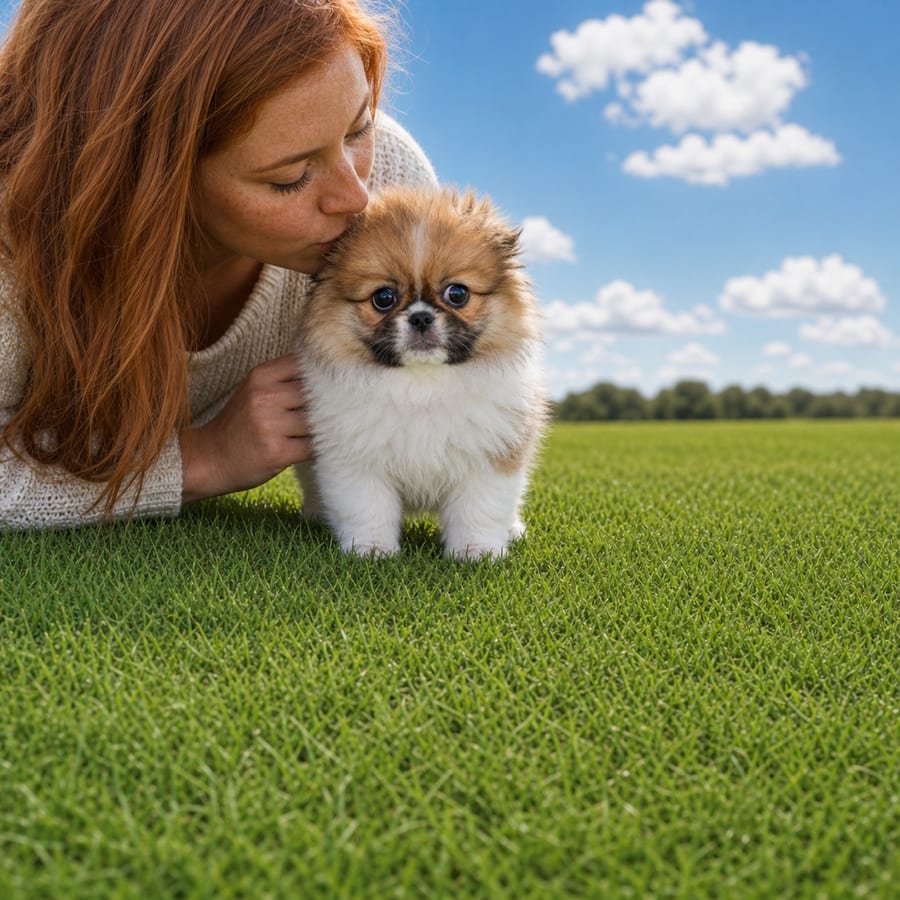 Cream and white fluffy Pomeranian puppy standing in a bright grass field, a person kissing its head, at Blue Sky Puppies