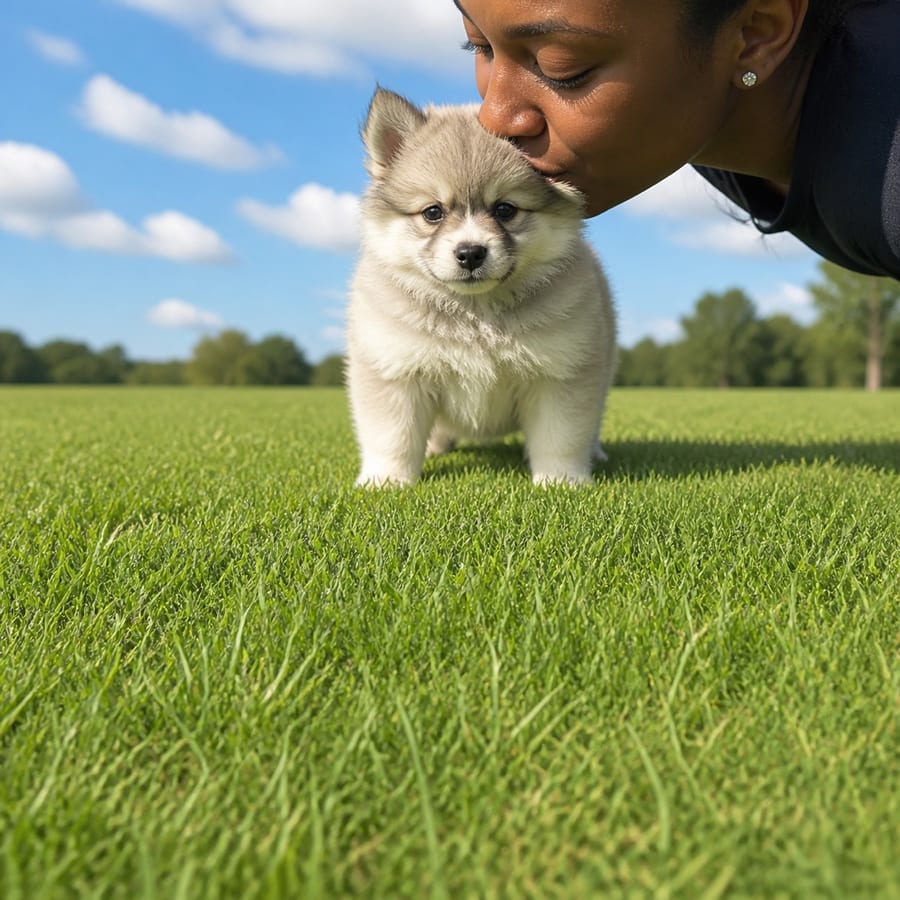 Pomklee puppy standing on grass, a person kissing the top of its head, at Blue Sky Puppies