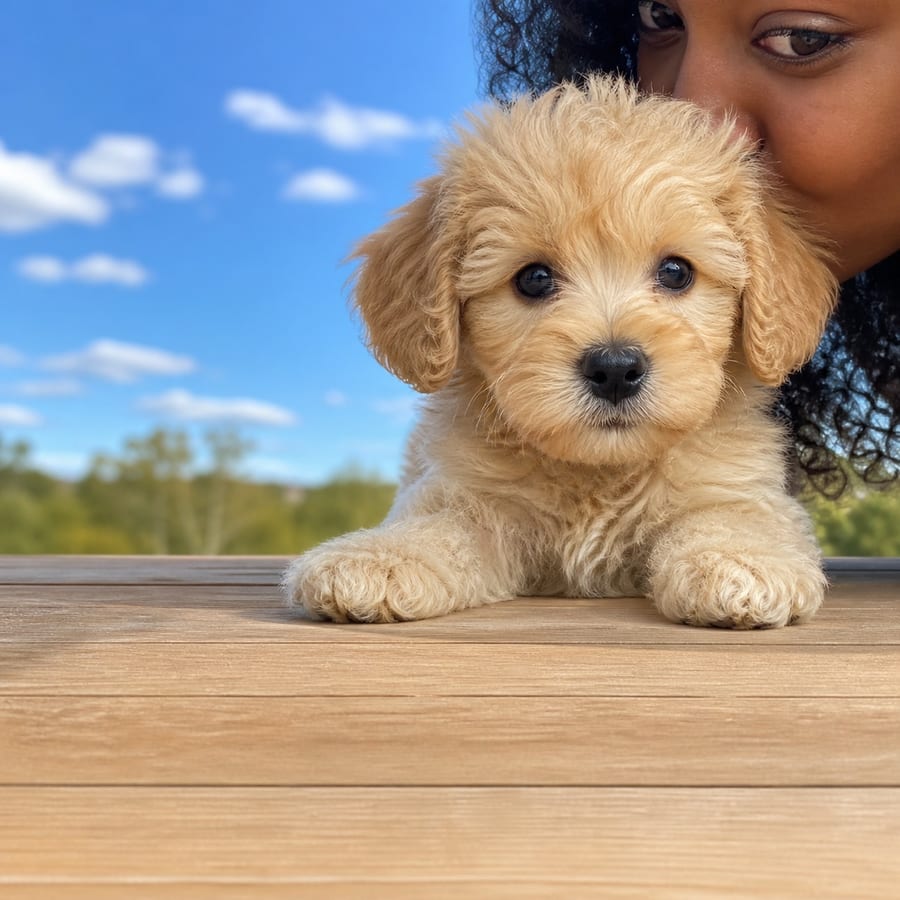 Pompoo puppy standing on grass, a person kissing the top of its head, at Blue Sky Puppies