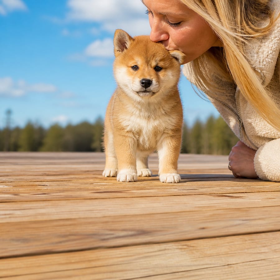Pomshi puppy standing on grass, a person kissing the top of its head, at Blue Sky Puppies