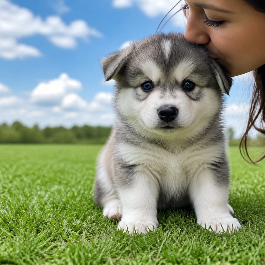 Pomsky puppy standing on grass, a person kissing the top of its head, at Blue Sky Puppies