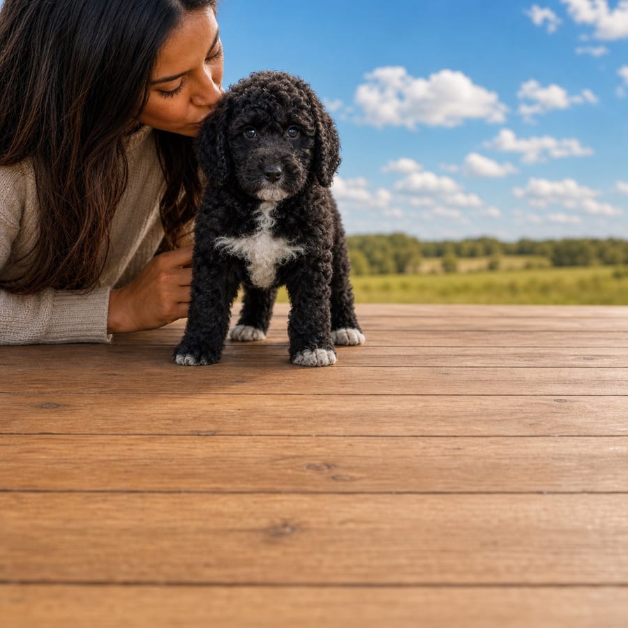 Black curly Poodle puppy with white chest and paws on a wooden deck, a person kissing its head, at Blue Sky Puppies