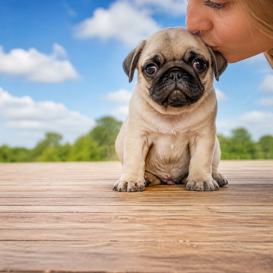 Pug puppy standing on grass, a person kissing the top of its head, at Blue Sky Puppies
