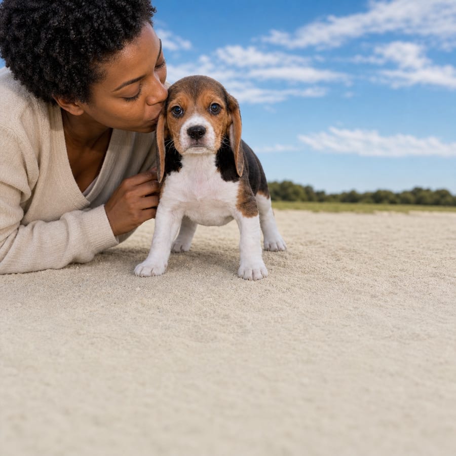 Tricolor Puggle puppy with long ears sitting on pale sand at Blue Sky Puppies