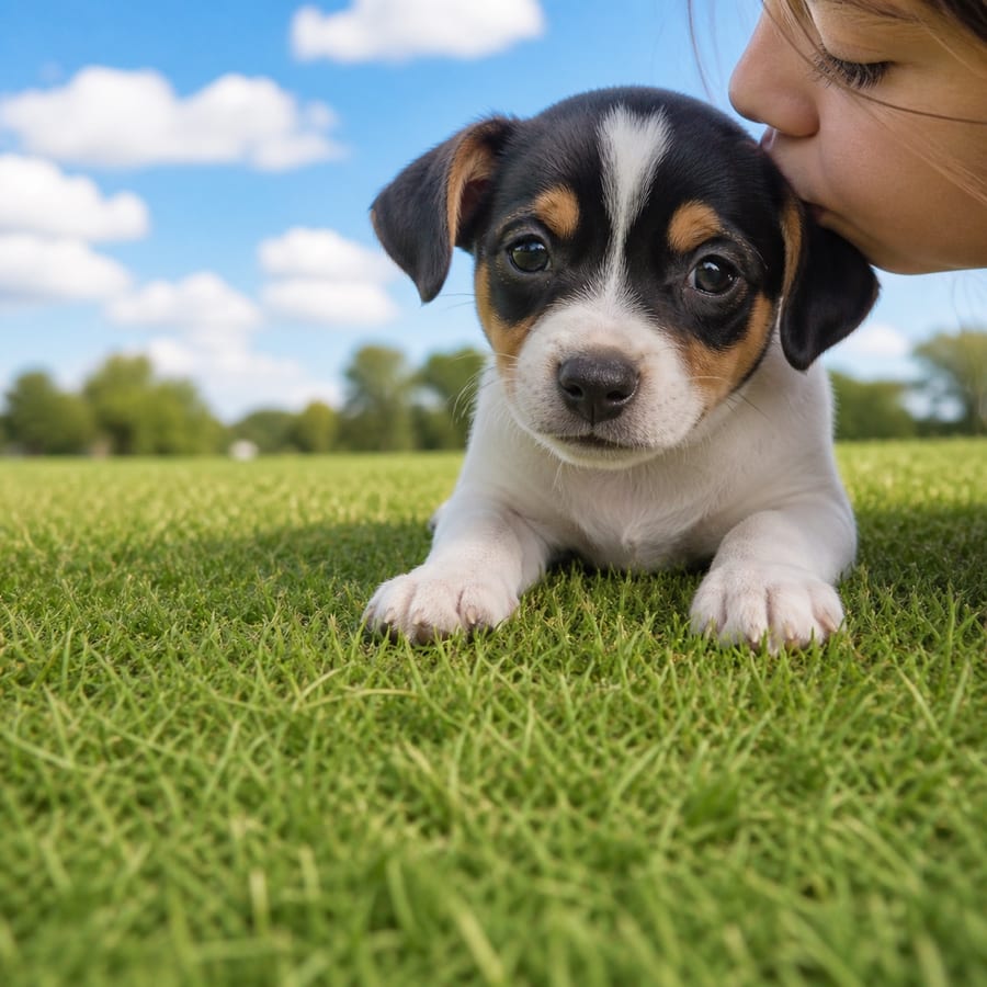 Rat Terrier puppy standing on grass, a person kissing the top of its head, at Blue Sky Puppies