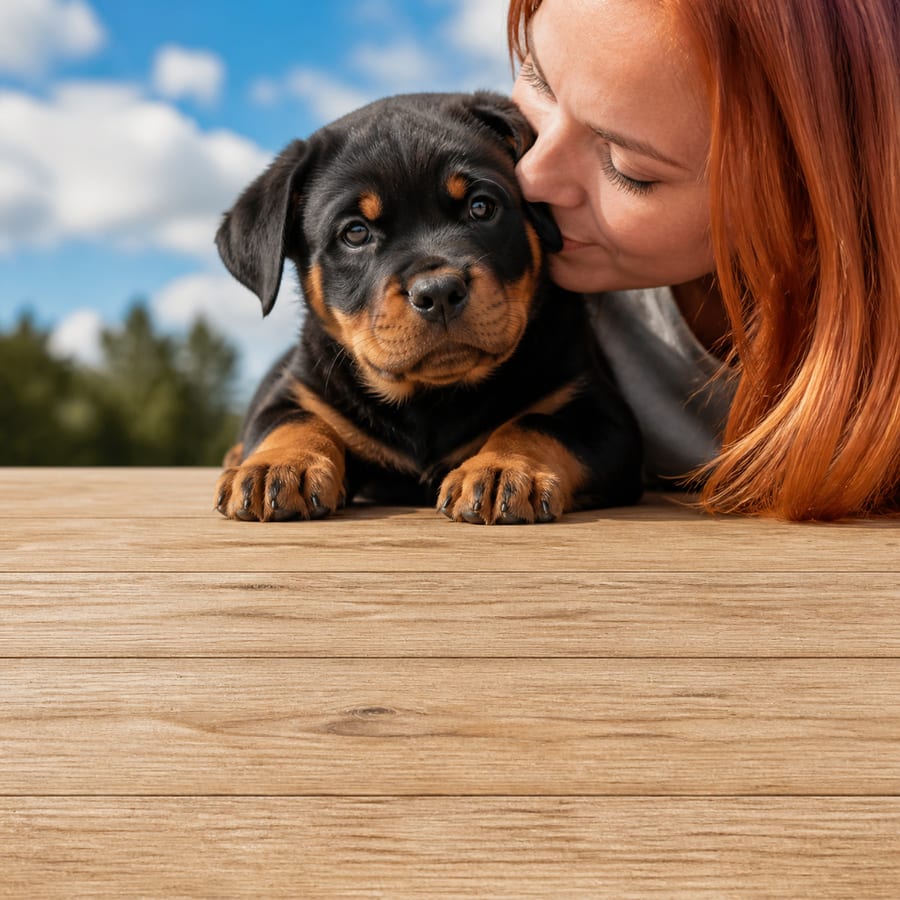 Rottweiler puppy standing on grass, a person kissing the top of its head, at Blue Sky Puppies