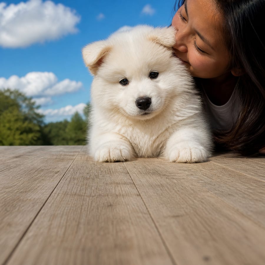 Samoyed puppy standing on grass, a person kissing the top of its head, at Blue Sky Puppies