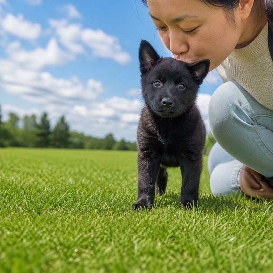 Schipperke puppy standing on grass, a person kissing the top of its head, at Blue Sky Puppies