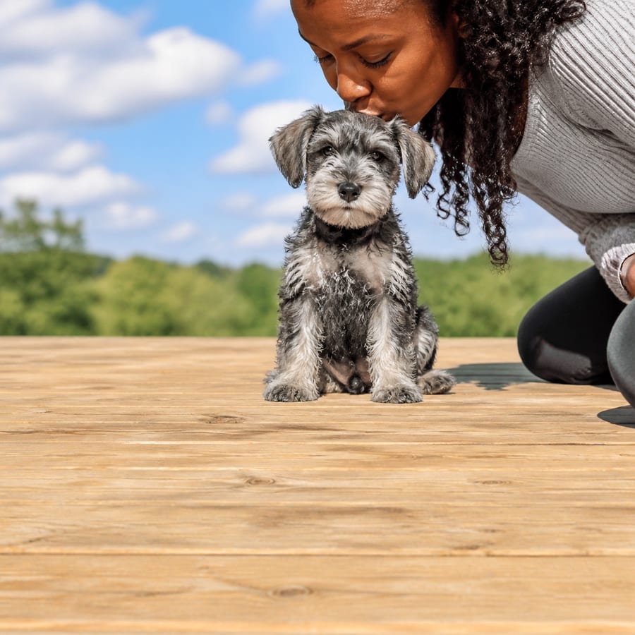 Schnoodle puppy standing on grass, a person kissing the top of its head, at Blue Sky Puppies