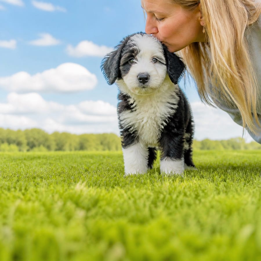 Sheepadoodle puppy standing on grass, a person kissing the top of its head, at Blue Sky Puppies