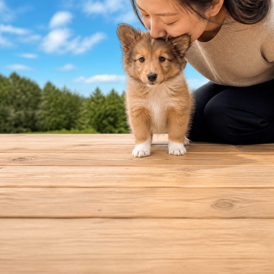 Sheltiepoo puppy standing on grass, a person kissing the top of its head, at Blue Sky Puppies