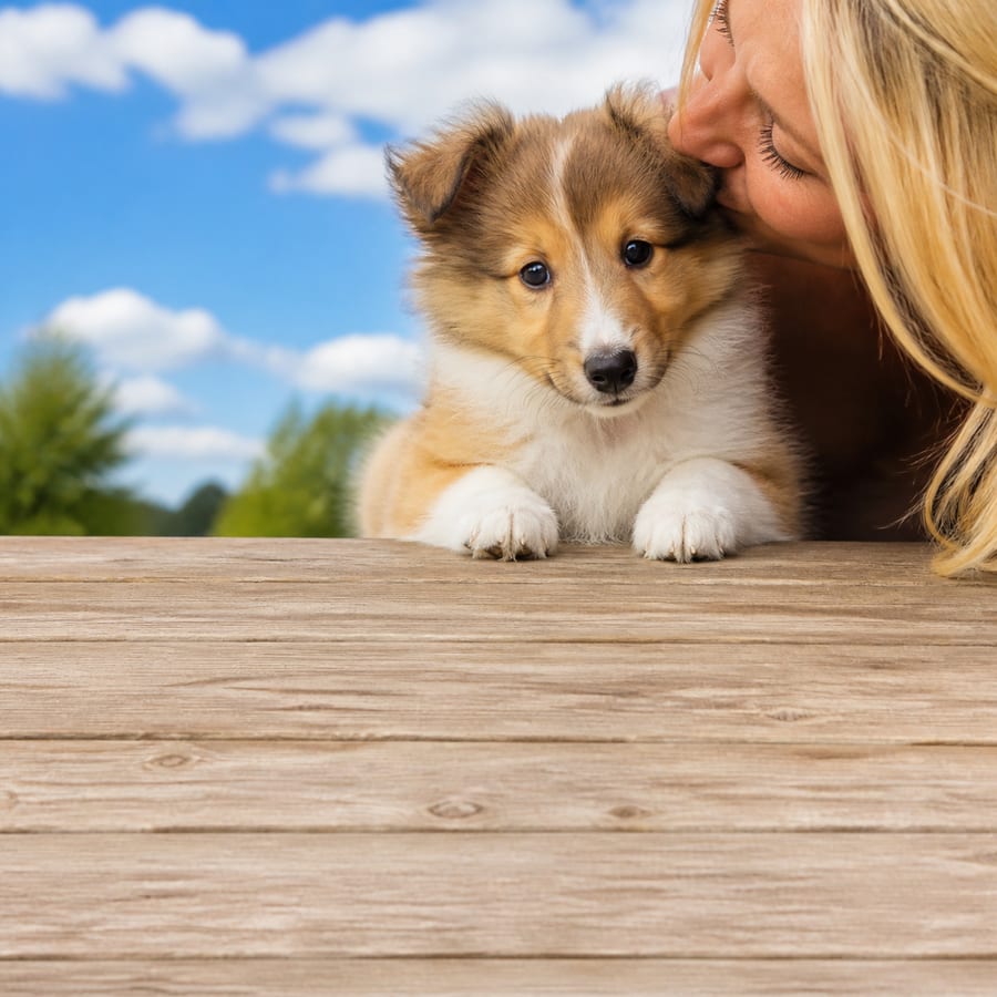 Shetland Sheepdog puppy standing on grass, a person kissing the top of its head, at Blue Sky Puppies