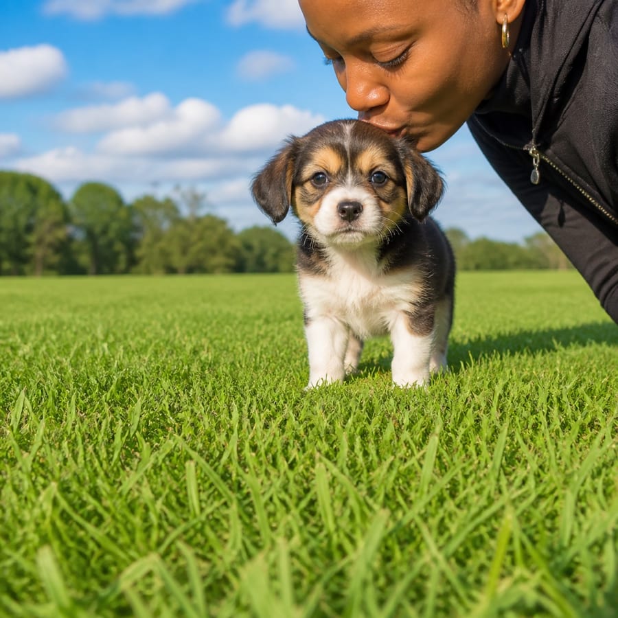 Shi Beagle puppy standing on grass, a person kissing the top of its head, at Blue Sky Puppies