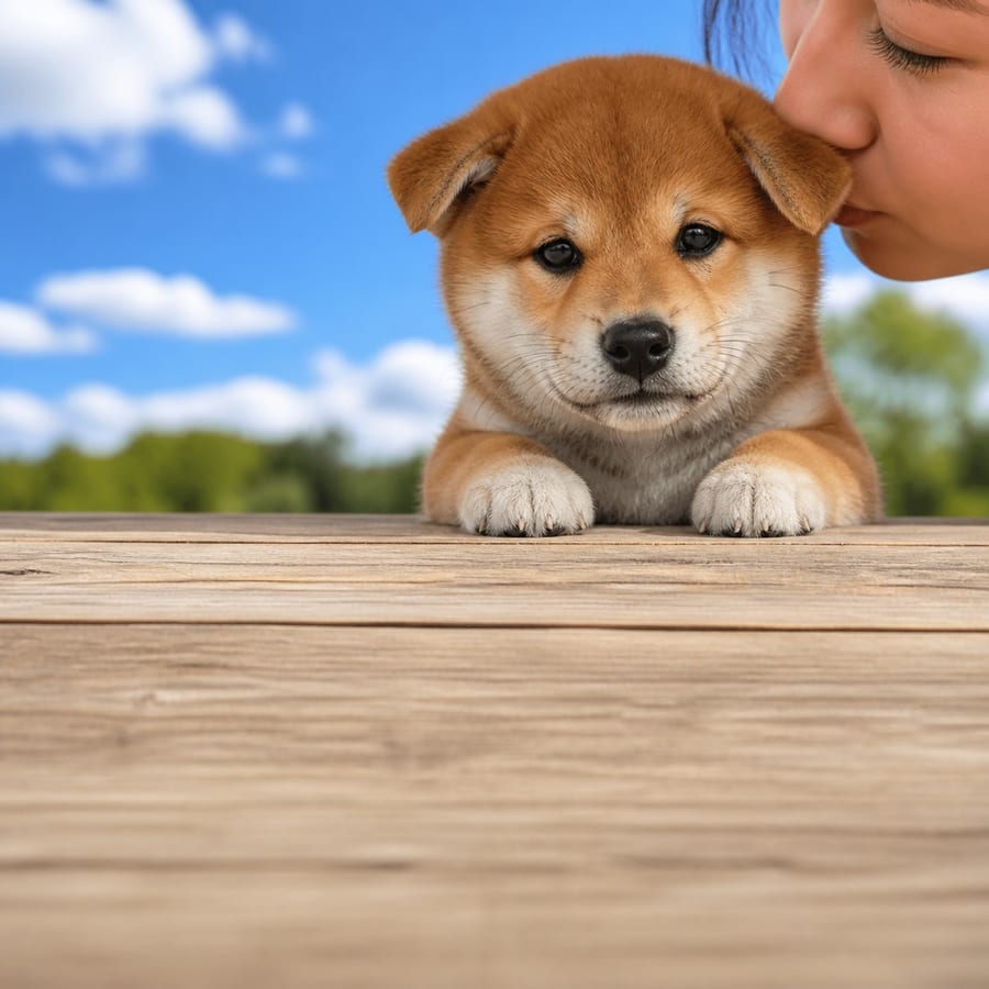 Shiba Inu puppy standing on grass, a person kissing the top of its head, at Blue Sky Puppies