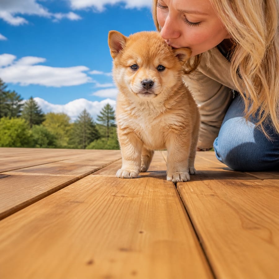 Shiba Poo puppy standing on grass, a person kissing the top of its head, at Blue Sky Puppies