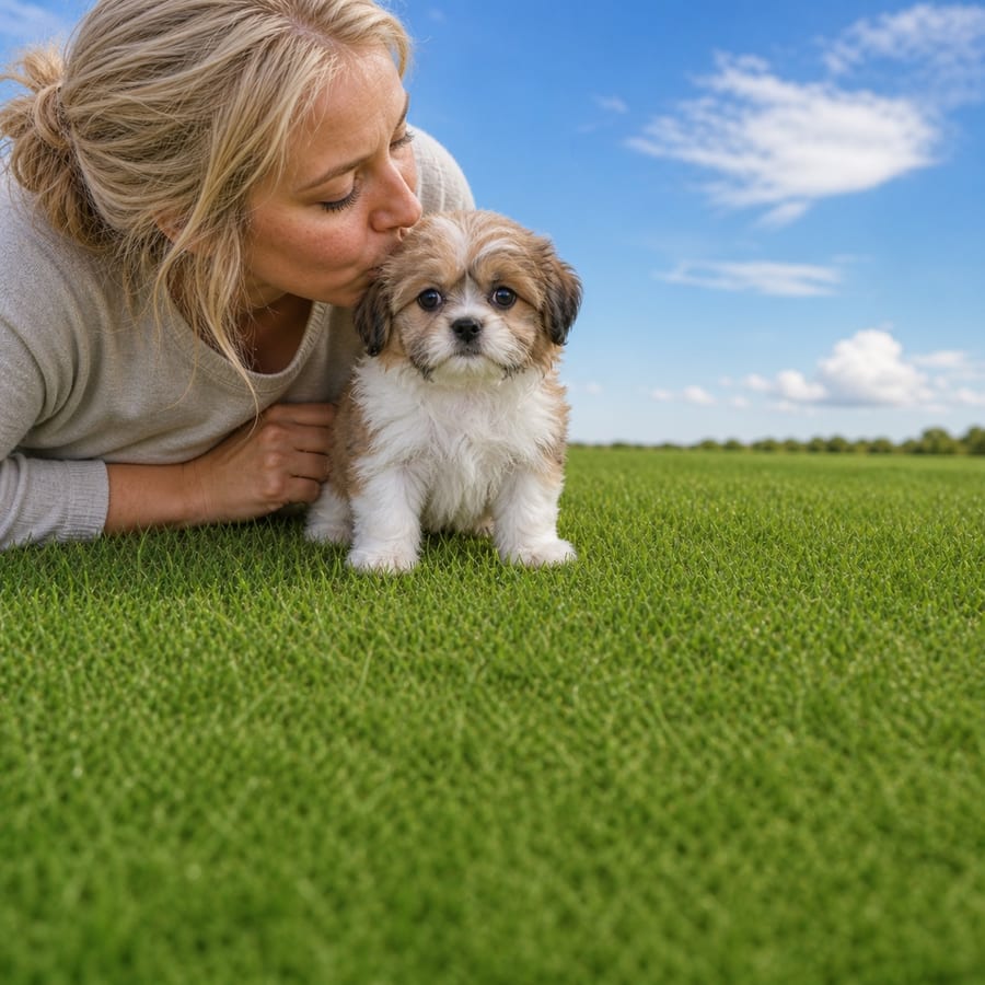 Fluffy tan and white Shih Tzu puppy standing in green grass, a person kissing its head, at Blue Sky Puppies