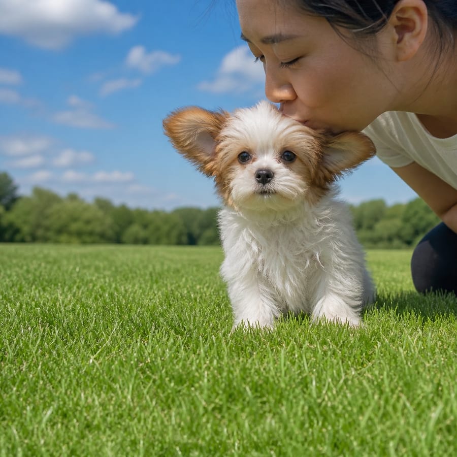Shih Tzuillon puppy standing on grass, a person kissing the top of its head, at Blue Sky Puppies