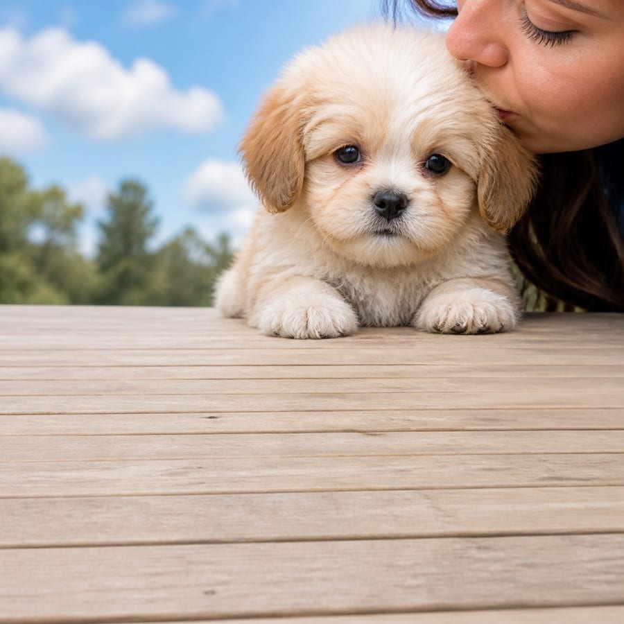 Shihpom puppy standing on grass, a person kissing the top of its head, at Blue Sky Puppies