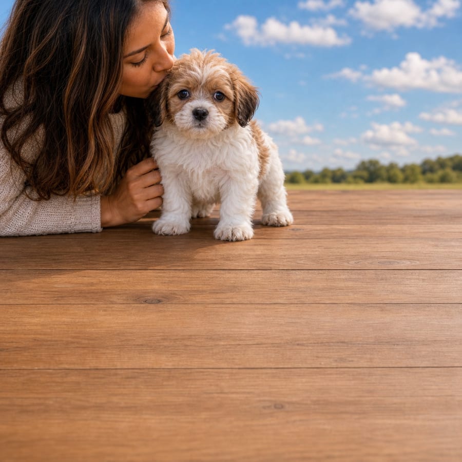 Cream and apricot curly Shihpoo puppy standing on sunlit wooden decking while a person kisses its head, at Blue Sky Puppies