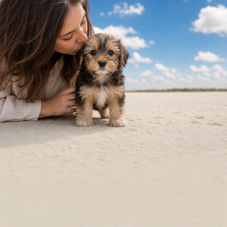 Wiry black and tan Shorkie puppy standing on pale sand, a person kissing the top of its head, at Blue Sky Puppies