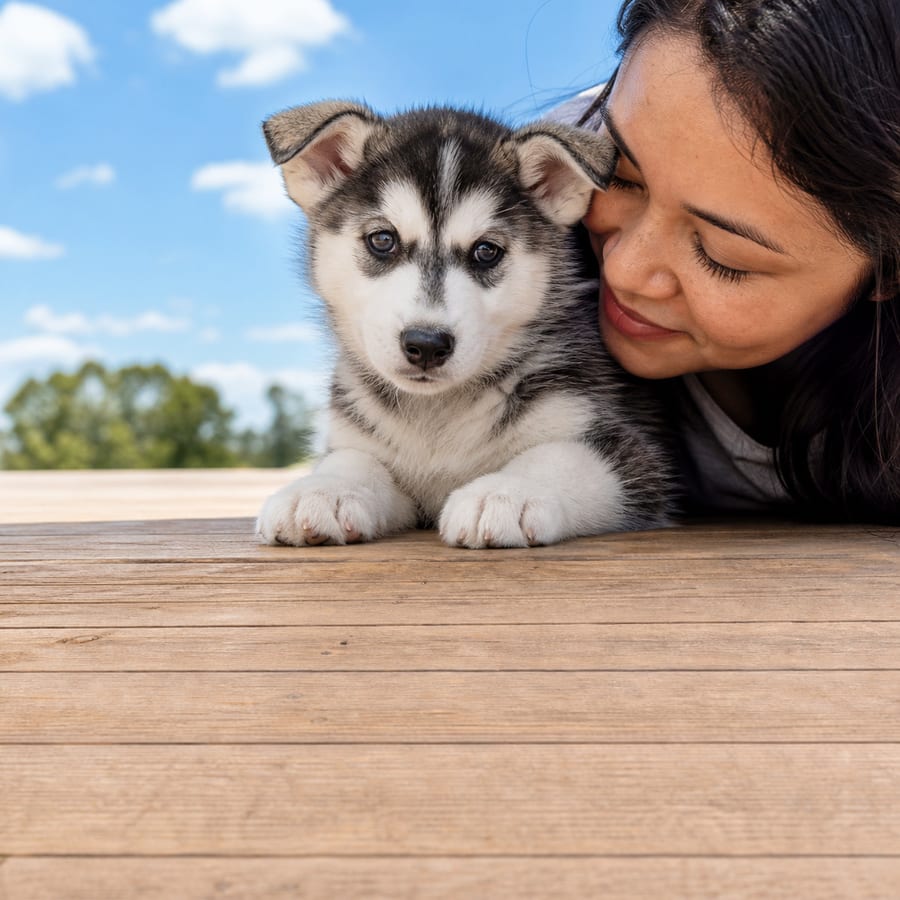 Siberian Husky puppy standing on grass, a person kissing the top of its head, at Blue Sky Puppies