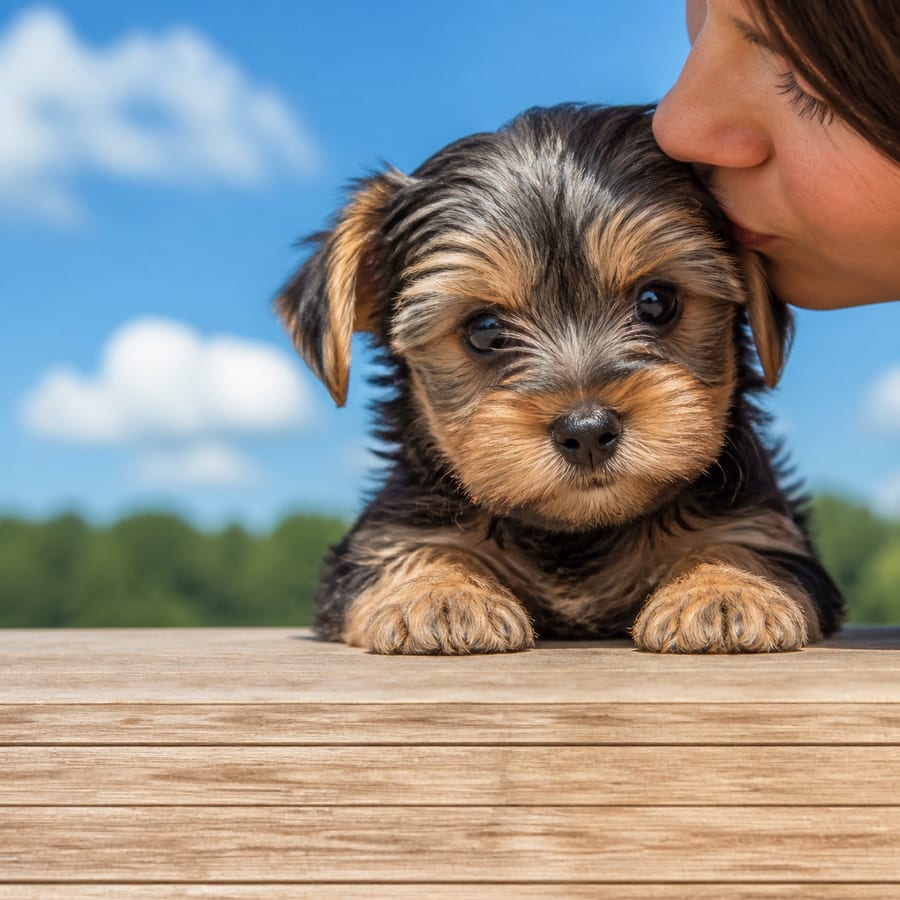 Silky Terrier puppy standing on grass, a person kissing the top of its head, at Blue Sky Puppies