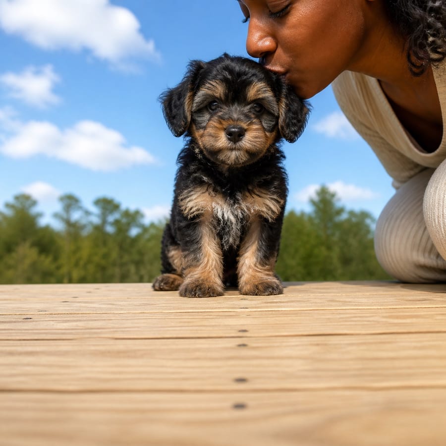 Silkypoo puppy standing on grass, a person kissing the top of its head, at Blue Sky Puppies