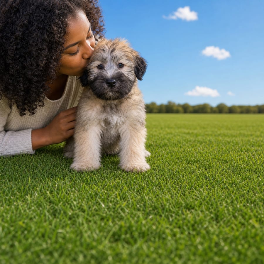 Silky wheaten Soft Coated Wheaten Terrier puppy standing in green grass, a person kissing its head, at Blue Sky Puppies