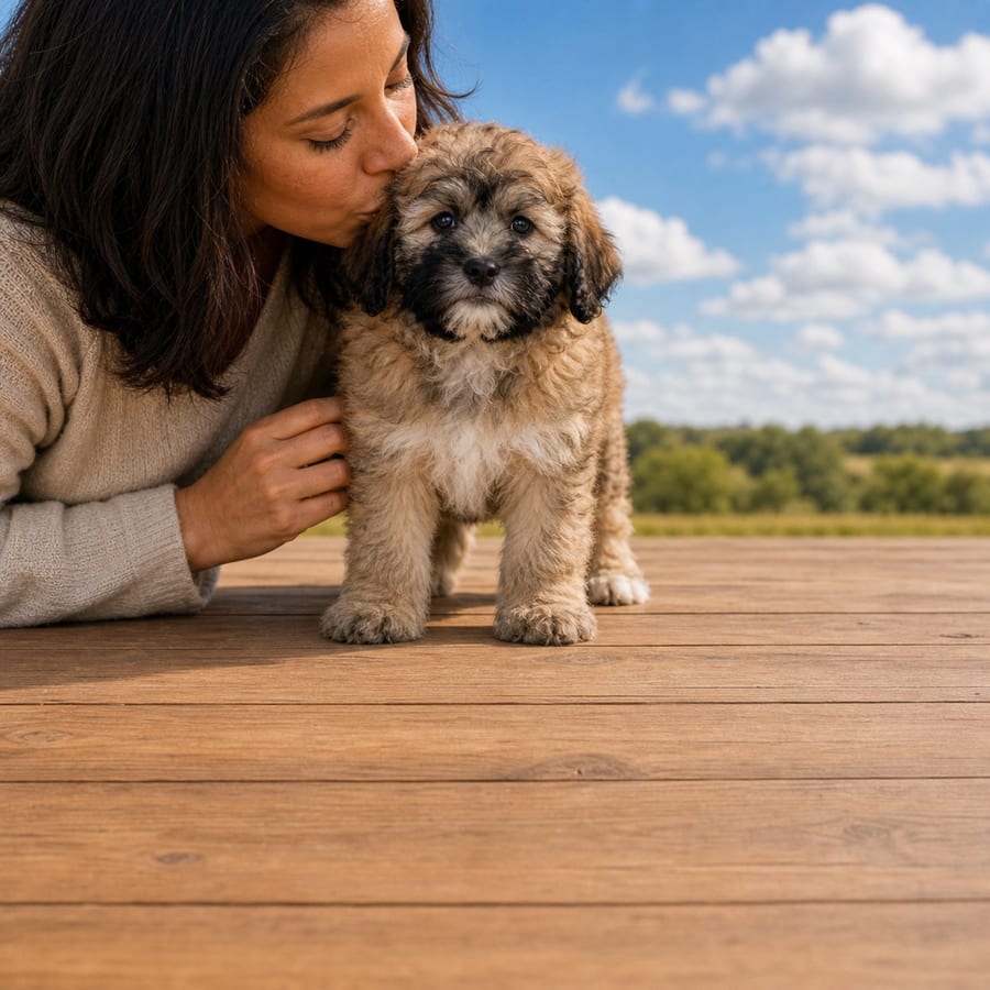 Tan curly Teddy Bear puppy with dark face standing on a wooden deck, a person kissing its head, at Blue Sky Puppies