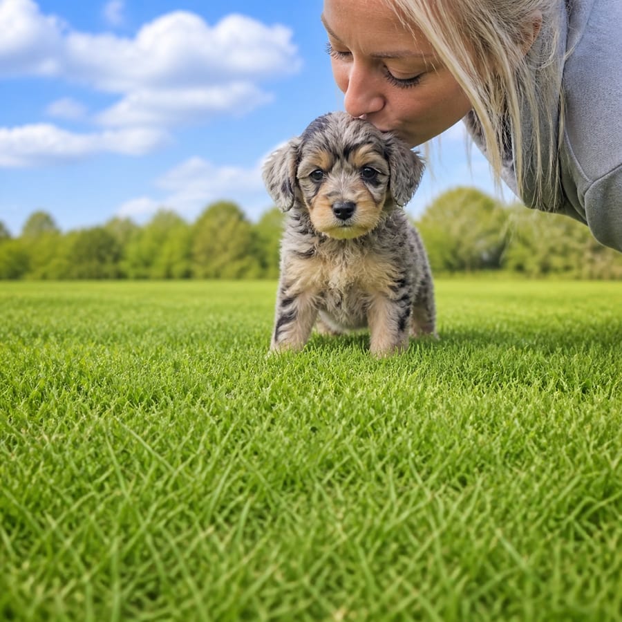 Toy Aussiepoo puppy standing on grass, a person kissing the top of its head, at Blue Sky Puppies