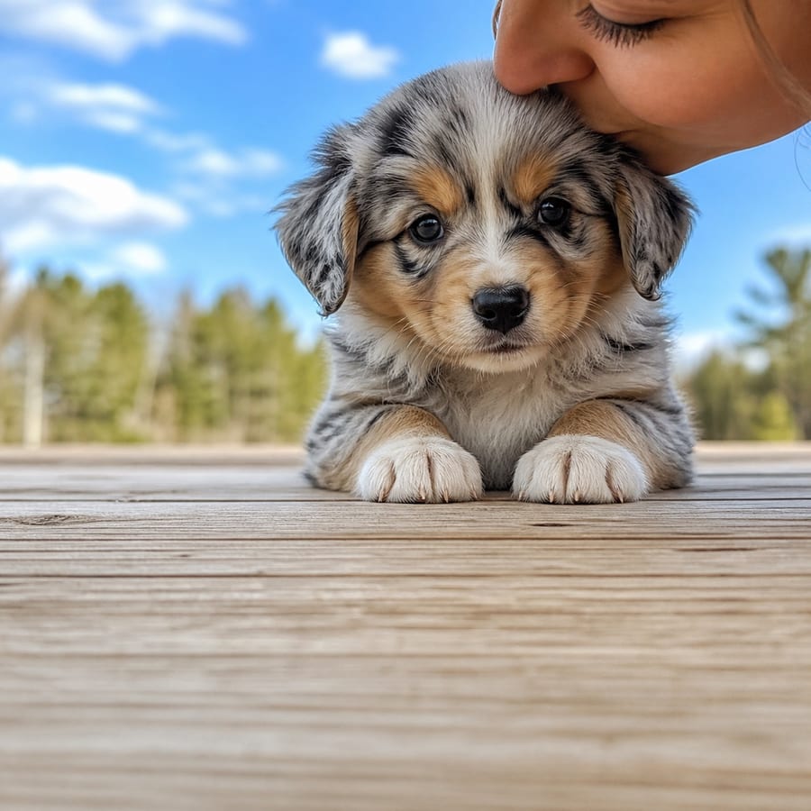 Toy Australian Shepherd puppy standing on grass, a person kissing the top of its head, at Blue Sky Puppies