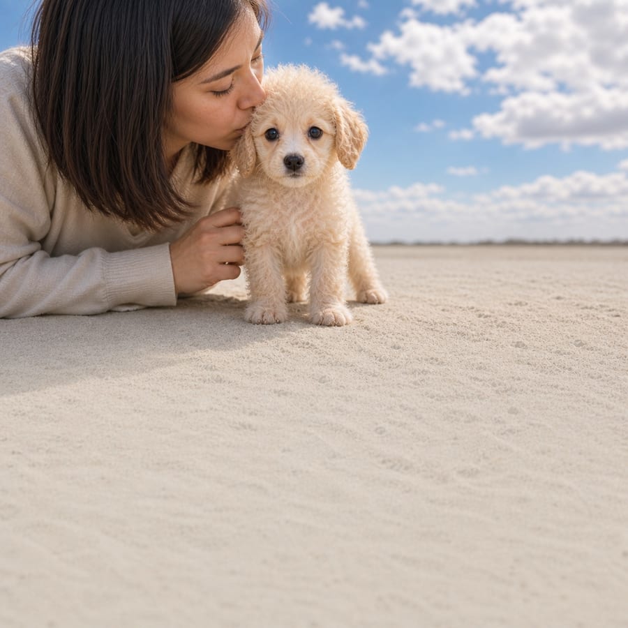 Apricot-cream curly Toy Poodle puppy standing on pale sand, a person kissing its head, at Blue Sky Puppies