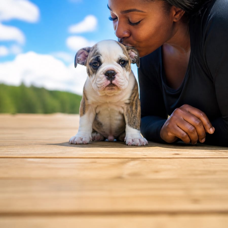 Victorian Bulldog puppy standing on grass, a person kissing the top of its head, at Blue Sky Puppies