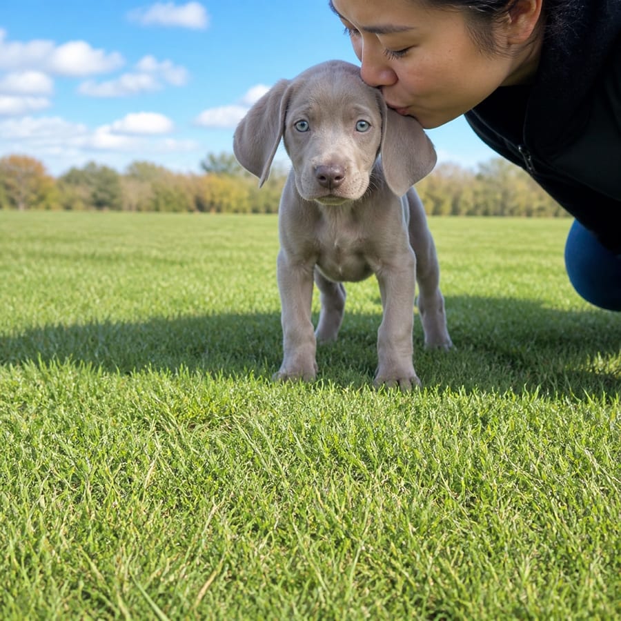 Weimaraner puppy standing on grass, a person kissing the top of its head, at Blue Sky Puppies