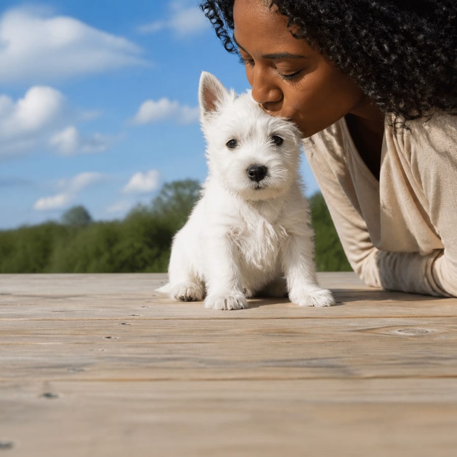 West Highland Terrier puppy standing on grass, a person kissing the top of its head, at Blue Sky Puppies